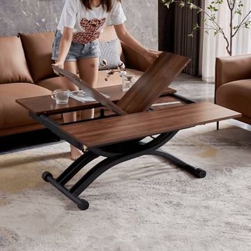 47'' Walnut Lift-Top Coffee Table - Multifunctional Rectangle Table with Iron Double Pedestal Base